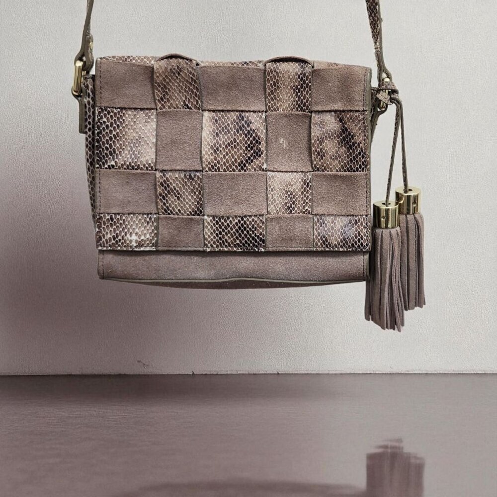 Antropologie Morgan Woven Suede Crossbody Bag Snakeskin Accents Tassel Boho
